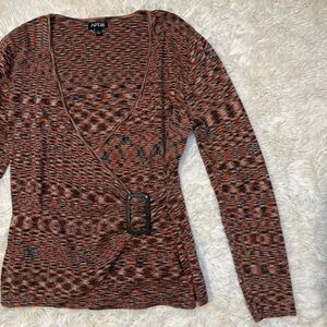Apt. 9 Wrap Front Long Sleeve Deep V Plunge Buckle Multicolor Top